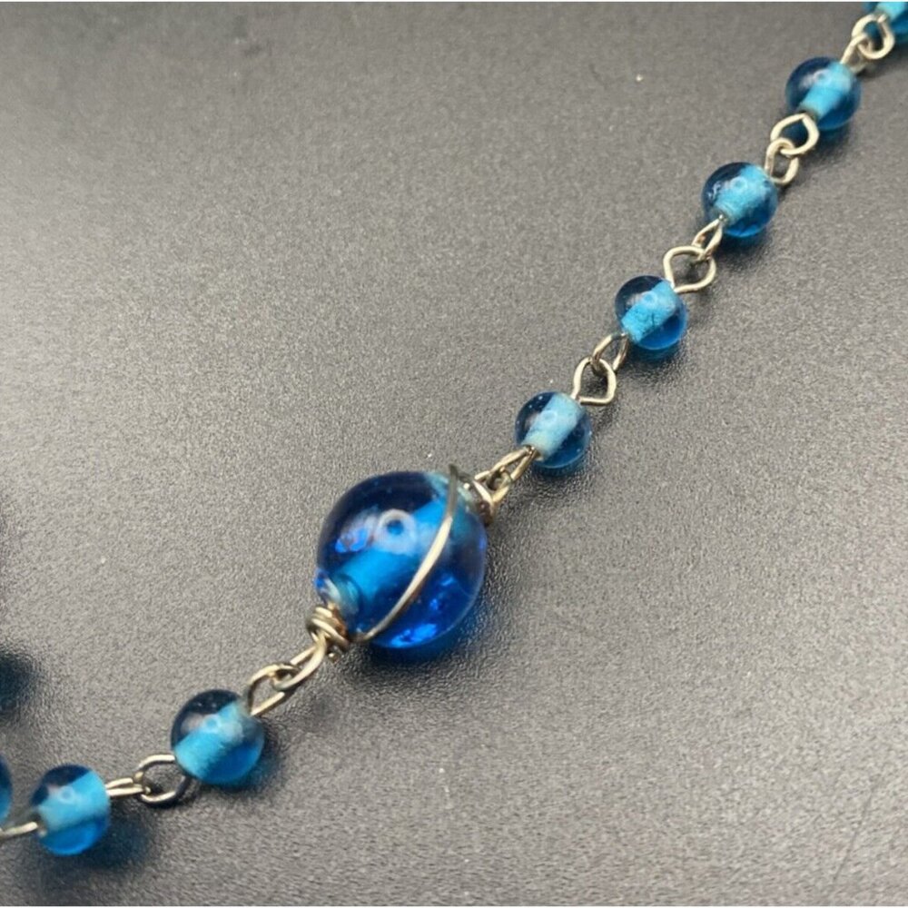 Chunky Necklace & Earrings Blue/Silver Foil Lined Rectangle Glass Bead Wire Wrap - Picture 4 of 9